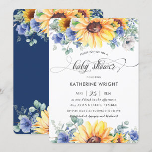 Rustikaler Chic Sonnenblume Blue Floral Baby Dusch Einladung