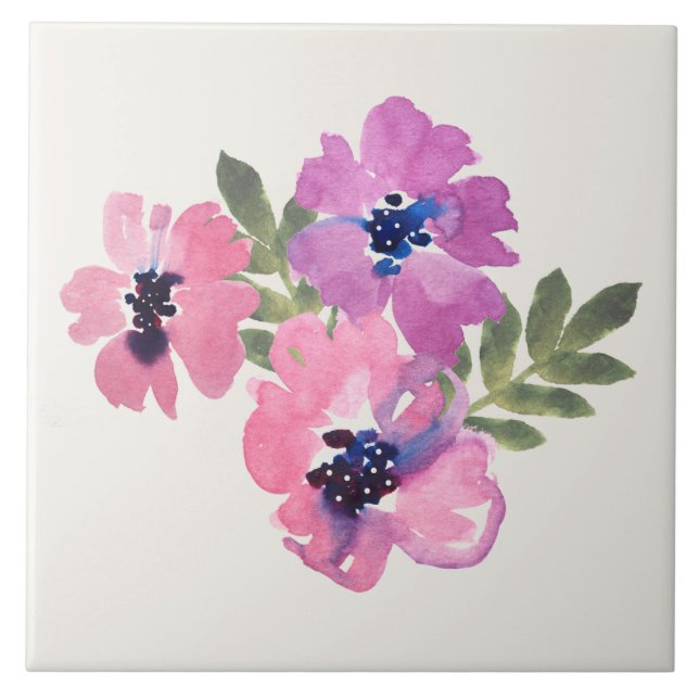 Rustikaler Chic Wasserfarbe Floral Rosa Creme Fliese (Vorderseite)