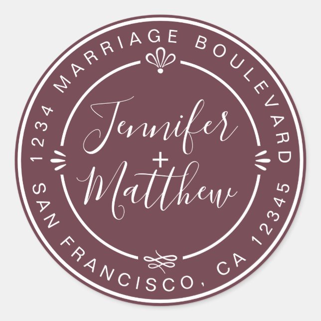 Rustikaler Chic Wedding Rücksendeadresse Burgundy Runder Aufkleber (Vorderseite)