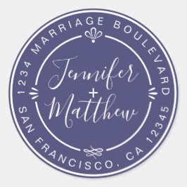 Rustikaler Chic Wedding Rücksendeadresse Navy Blue Runder Aufkleber