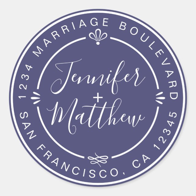 Rustikaler Chic Wedding Rücksendeadresse Navy Blue Runder Aufkleber (Vorderseite)