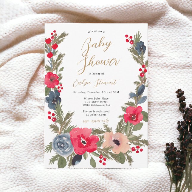 Rustikaler Chic Winter Floral Wasserfarben Babydus Einladung (Rustic chic Winter Floral Watercolor baby shower Invitation)