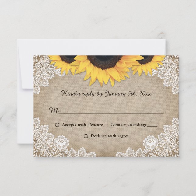 Rustikaler Chic Wood Lace Sunflower Wedding RSVP Karte (Vorderseite)