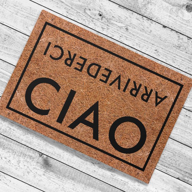 Rustikaler Coir Black Ciao Arrivederci Italienisch Fußmatte (Italian Hello Goodbye entrance door mats)