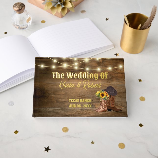 Rustikaler Cowboy Boots Sonnenblumen Western Hochz Gästebuch (Vorderseite Offen)