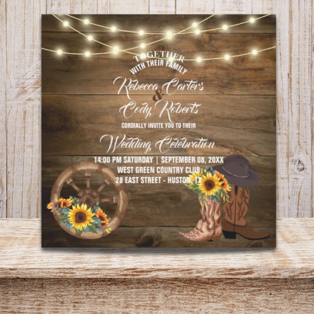 Rustikaler Cowboy Boots Sonnenblumenblume Western  Einladung (Rustic Cowboy Boots Sunflower Western Wedding Invitation)