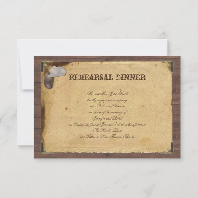 Rustikaler Cowboy Hats Hochzeit-Probe Einladung (Vorderseite)