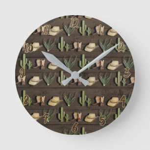 Rustikaler Cowboy Western Rodeo Wooden Runde Wanduhr