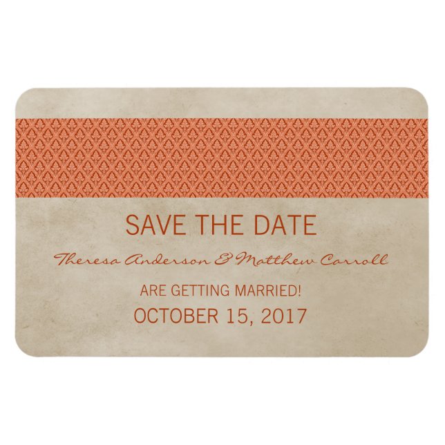 Rustikaler Damast Save-the-Date-Magnet, Orange Magnet (Horizontal)