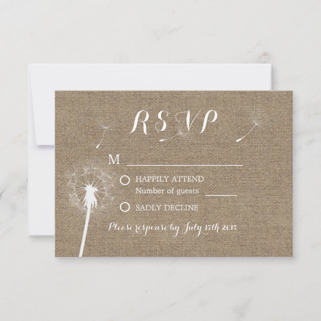 Rustikaler Dandelion blasst Burlap Wedding RSVP Karte (Vorderseite)