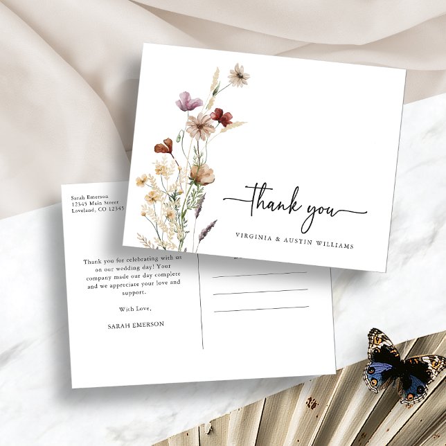 Rustikaler Dank Wildblume Postkarte (Rustic White Boho Thank You Wildflower Postcard by Painted Paperie
)