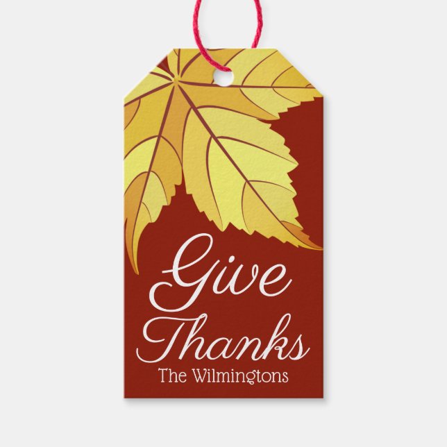 Rustikaler Dank Yellow Fall Leaf | PERSONALISIERT Geschenkanhänger (Vorderseite)