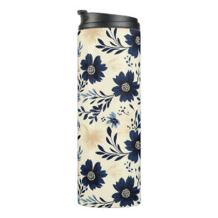 Rustikaler Dunkelblauer Beiger Blumen-Volksdruck Thermosbecher