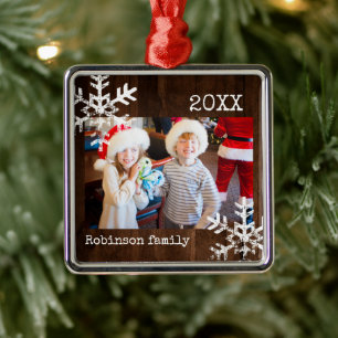 Rustikaler dunkler Holz-Winter-Schneeflocken-Foto Ornament Aus Metall