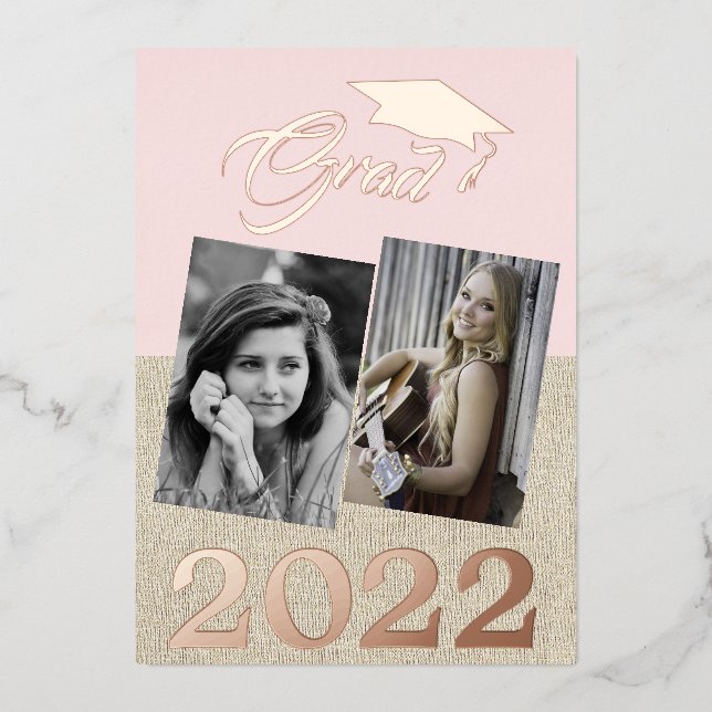 Rustikaler Dusty Pink Graduate 2 Foto Abschluss Folieneinladung (Vorderseite)