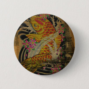 rustikaler Eiffelturm japanisches Tattoo Koi-Fisch Button