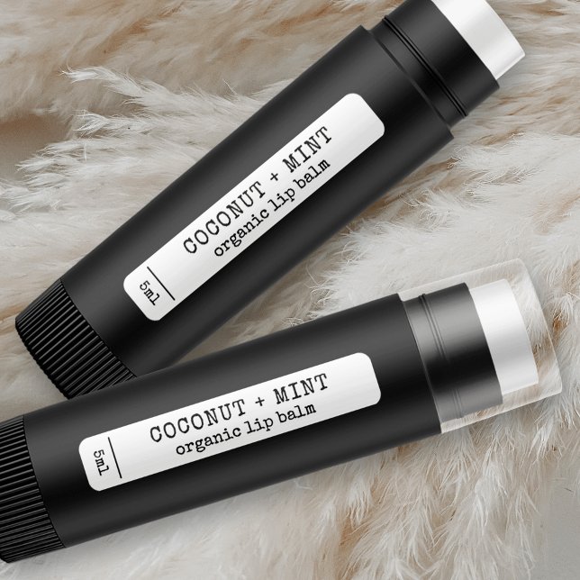 Rustikaler, einfacher Lippenglanzschlauch Wasserfe Etiketten (Fully editable rustic skinny rectangle stickers with vintage style fonts in black and white)