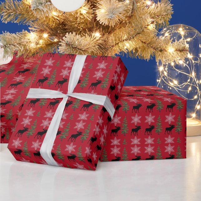 Rustikaler Elch-Schneeflocken-Tannen-Weihnachts-Ro Geschenkpapier (Feiertage)