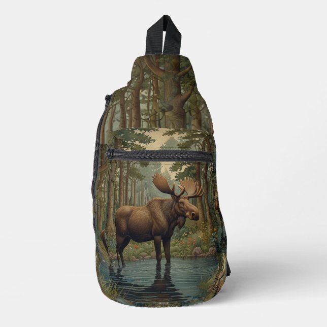 Rustikaler Elchbrunnen-Waldwaldsee Crossbody Bag (Vorderseite)