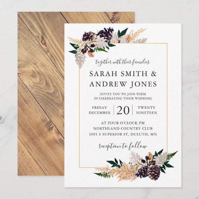 Rustikaler Eleganz-Kiefern-Kegel, Farn und Grün Einladung (Vorne/Hinten)