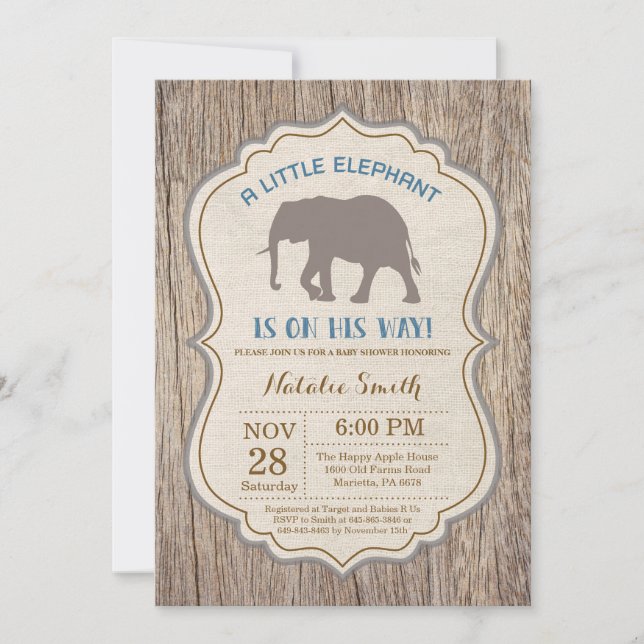 Rustikaler Elephant Baby Shower Einladung Junge (Vorderseite)