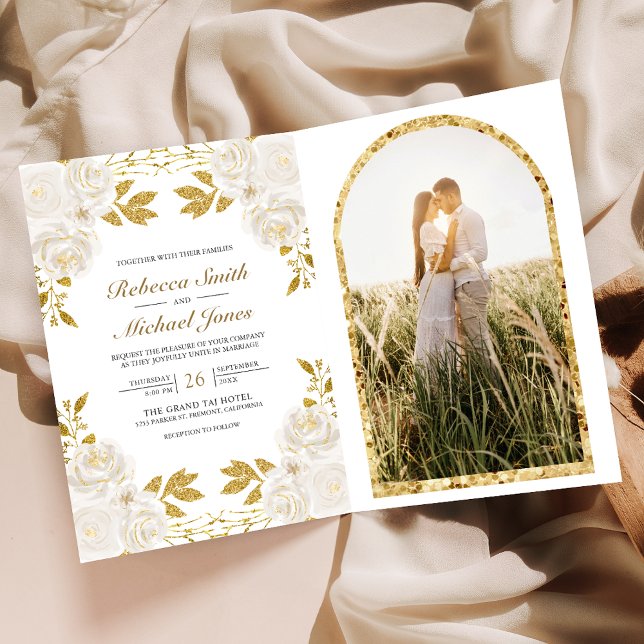 Rustikaler Elfenbein-Blumen-Gold-Glitter-QR-Code-H Einladung (Von Creator hochgeladen)