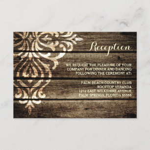 Rustikaler Empfang für HolzDamast Hochzeit Begleitkarte