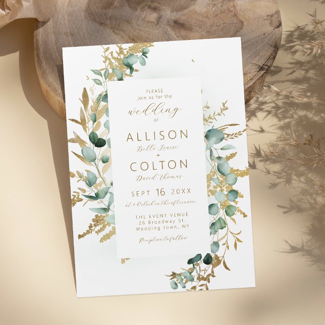 Rustikaler Eukalyptus goldenes Grün Boho Hochzeit Einladung (Rustic eucalyptus gold greenery boho wedding invitation)