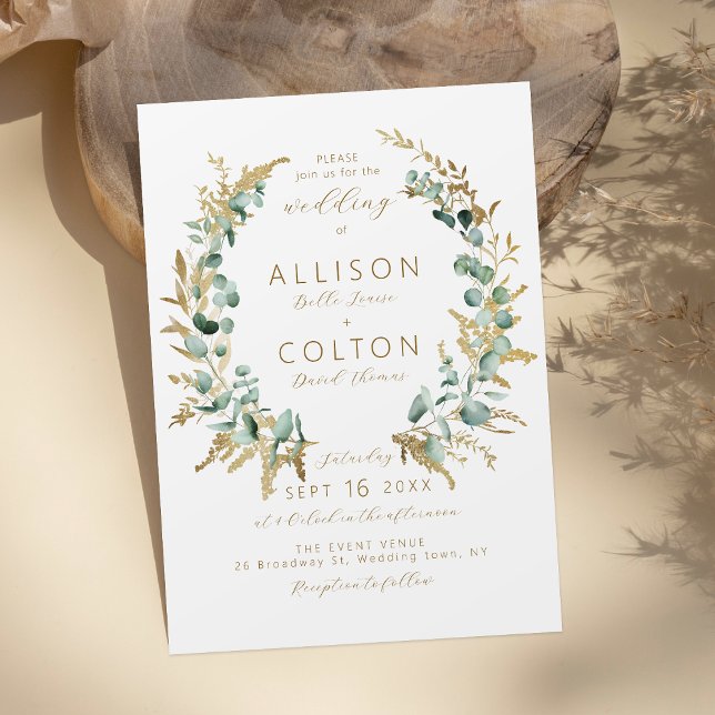 Rustikaler Eukalyptus goldenes Grün Boho Hochzeit Einladung (Rustic eucalyptus gold greenery boho wedding invitation)