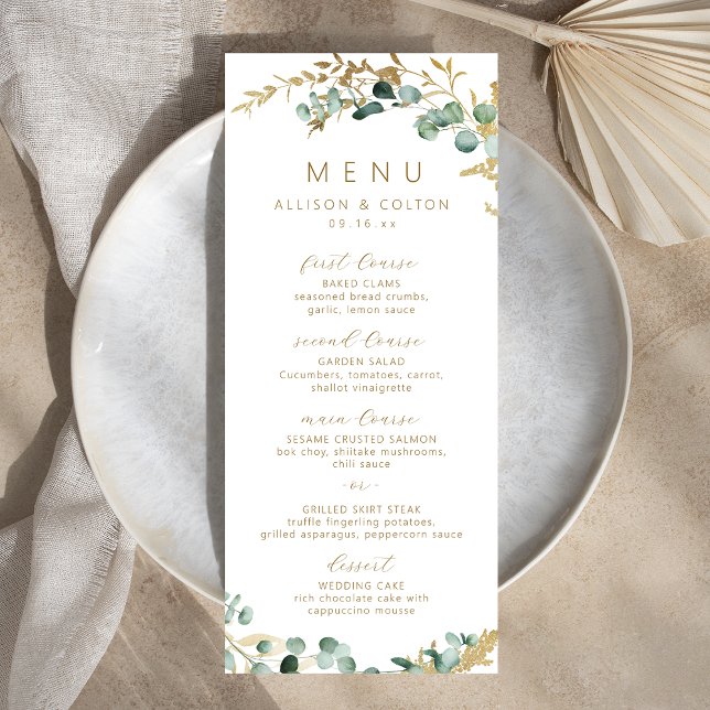 Rustikaler Eukalyptus goldenes Grün Boho Hochzeit Menükarte (Rustic eucalyptus gold greenery boho wedding menu)