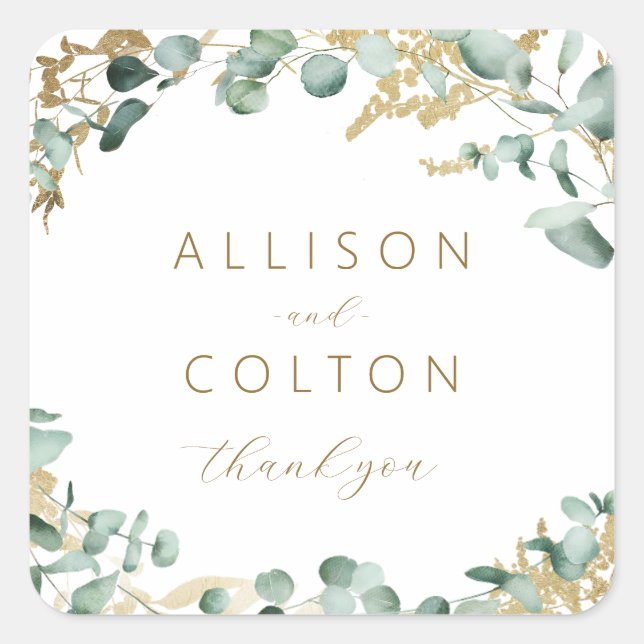 Rustikaler Eukalyptus-Goldgrün Boho Gastgeschenk H Quadratischer Aufkleber (Vorderseite)