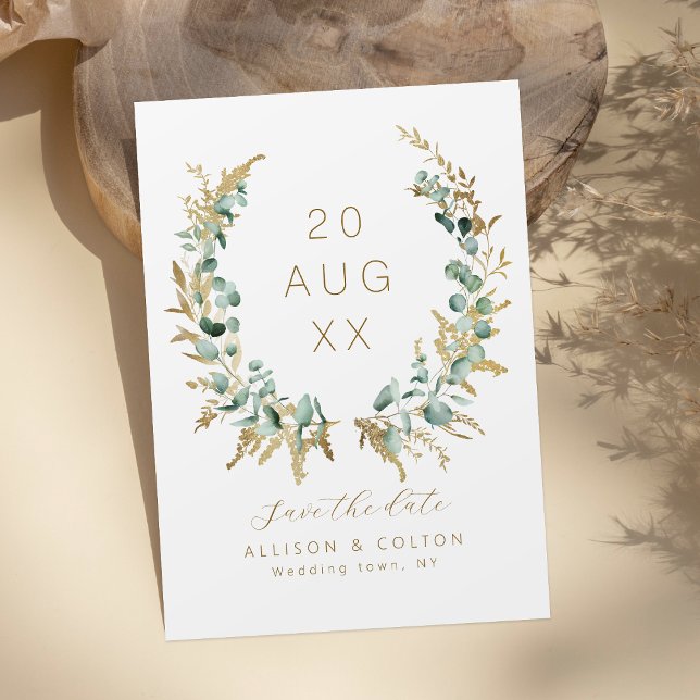 Rustikaler Eukalyptus-Goldgrün boho Save the Date (Rustic eucalyptus gold greenery boho save the date)