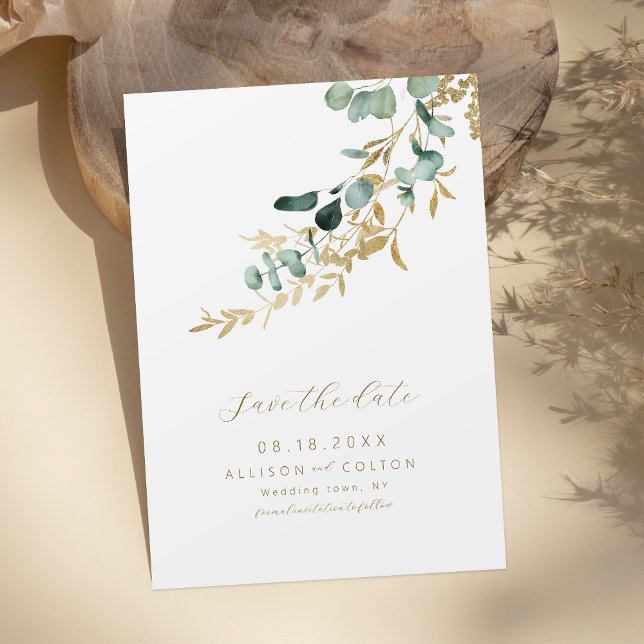 Rustikaler Eukalyptus-Goldgrün boho Save the Date (Rustic eucalyptus gold greenery boho save the date)