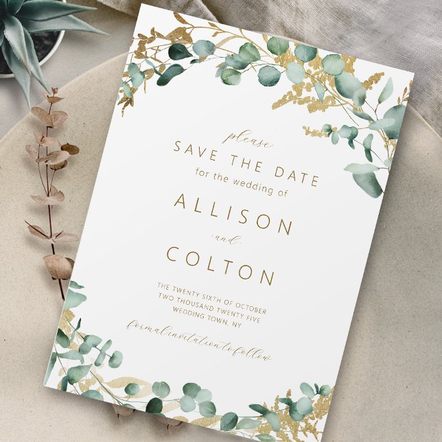 Rustikaler Eukalyptus-Goldgrün boho Save the Date (Rustic eucalyptus gold greenery boho save the date)