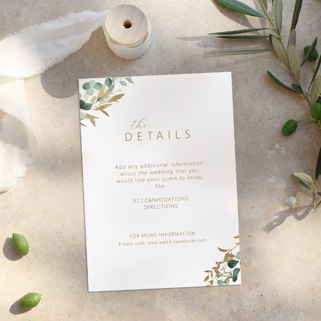 Rustikaler Eukalyptus Goldgrün Einzelheiten zur Ho Begleitkarte (Rustic eucalyptus gold greenery wedding details enclosure card)