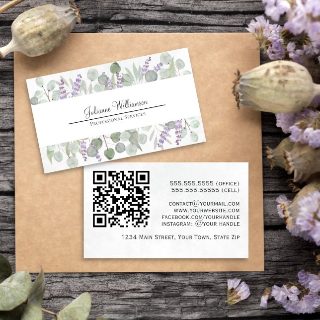 Rustikaler Eukalyptus und Lavender QR Code Visitenkarte (Front/Back)