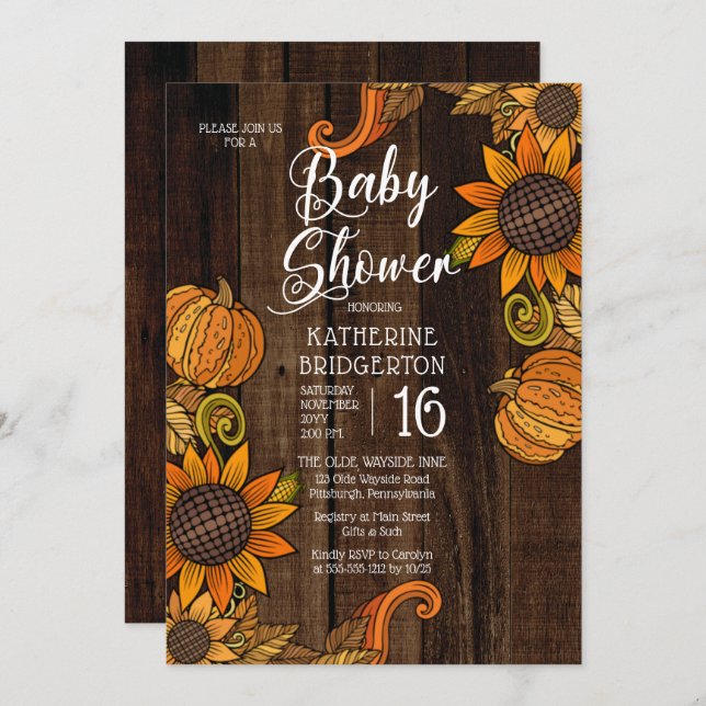 Rustikaler Fall | Autumn Sunflowers Baby Shower Einladung (Vorne/Hinten)