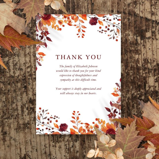 Rustikaler Fall Blumenbeerdigung zur Lebensbeerdig Dankeskarte (Rustic Fall Floral Celebration Of Life Funeral Thank You Card)