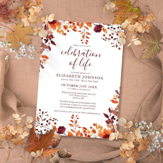 Rustikaler Fall Blumenbeerdigung zur Lebensbeerdig Einladung (Rustic Fall Floral Celebration Of Life Funeral Invitation)