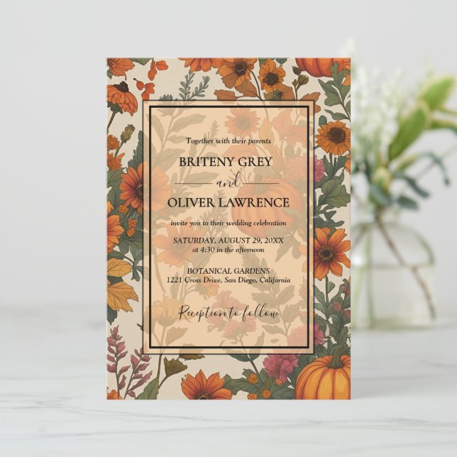 Rustikaler Fall Floral Pumpkin Herbst Ernte Weedin Einladung (Stehend Vorderseite)