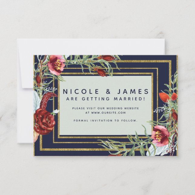 Rustikaler Fall Marsala Floral Navy Blau Save the  Date (Vorderseite)