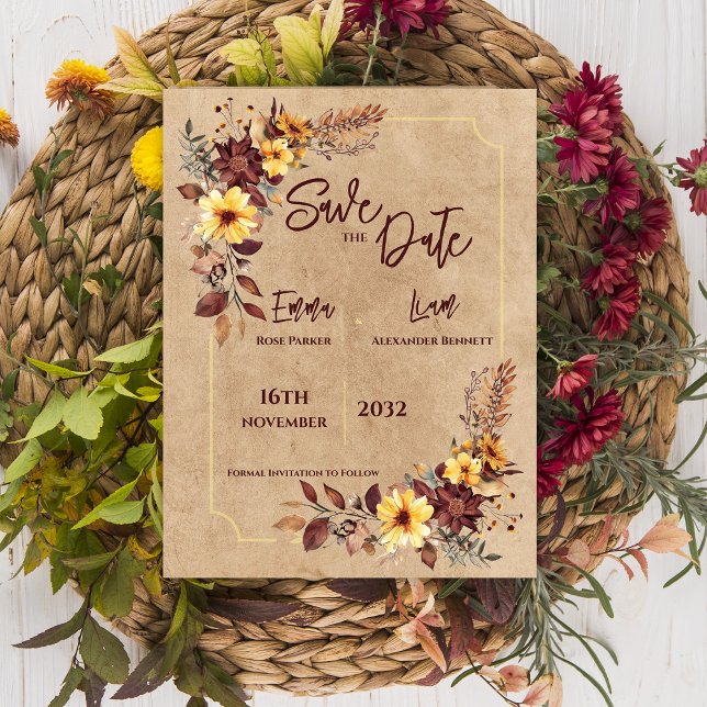 Rustikaler Fall-Mustard Blumenzehen retten das Dat Postkarte (Rustic Fall Mustard Floral Wedding Save The Date Postcard)
