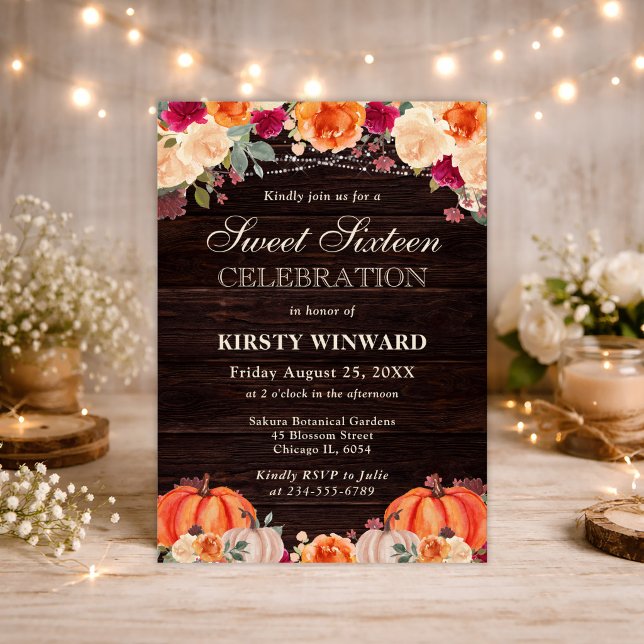 Rustikaler Fall Orange Pumpkin Floral 16 . Geburts Einladung (Von Creator hochgeladen)