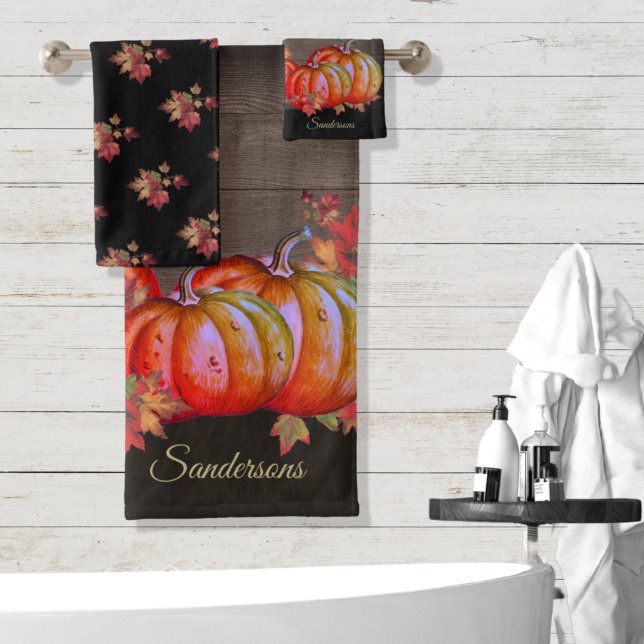 Rustikaler Fall Orange Pumpkin Niedliche Holzbadtu Badhandtuch Set (Von Creator hochgeladen)