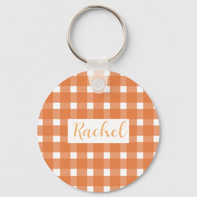 Rustikaler Fall Orange White Gingham Schlüsselanhänger (Vorderseite)