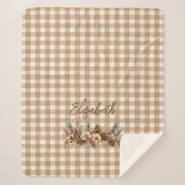 Rustikaler Fall Pine Cones Brown Gingham Personali Sherpadecke (Vorderseite)