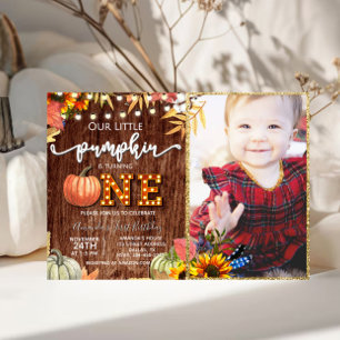 Rustikaler Fall Pumpkin ersten Geburtstag mit Foto Einladung