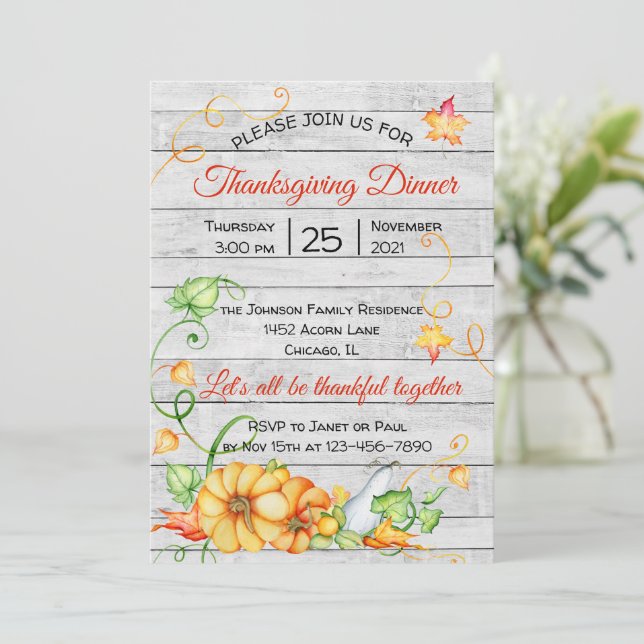 Rustikaler Fall Pumpkin Floral Erntedank Dinner I Einladung (Stehend Vorderseite)