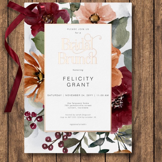 Rustikaler Fall Rust & Burgund Blumenbridal Brunch Folieneinladung (Rustic Fall Rust & Burgundy Floral Bridal Brunch Foil Invitation)