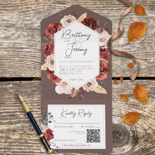 Rustikaler Fall Rust Floral auf braunem QR-Code All In One Einladung